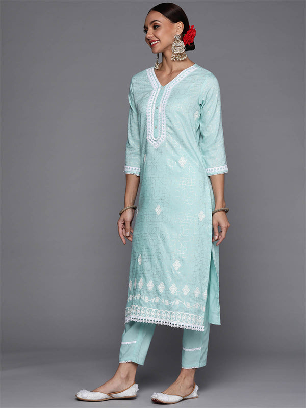 Women's Blue Foil Printed Straight Kurta Trouser With Dupatta Set - Odette