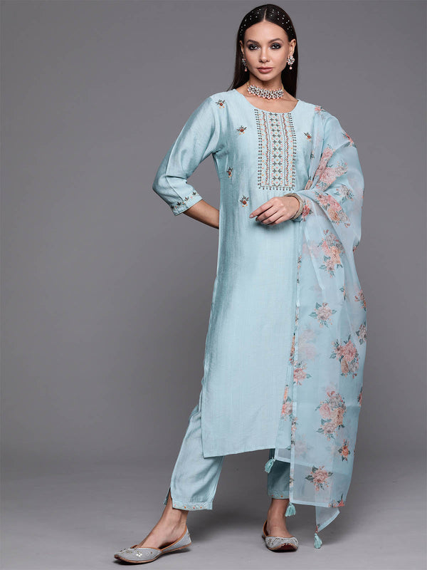 Women's Blue Floral Embroidered Straight Kurta Trouser With Dupatta Set - Odette