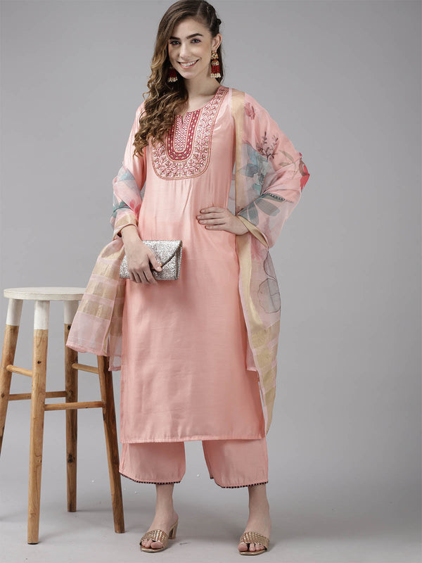 Women's Baby Pink Embroidered Straight Kurta Set - Odette