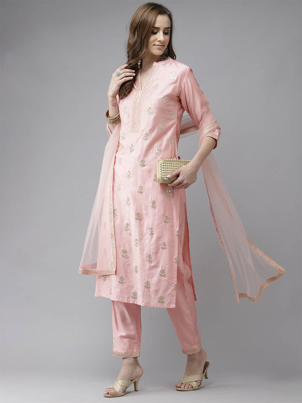 Women's Baby Pink Embroidered Straight Kurta Set - Odette