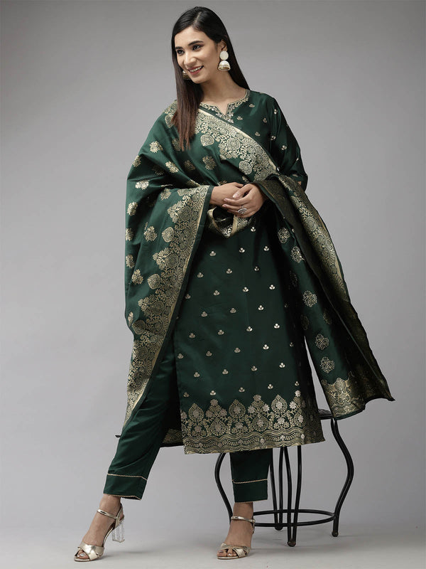 Women's Green Woven Straight Kurta Set - Odette