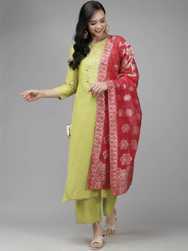 Women's Green Embroidered Straight Kurta Set - Odette