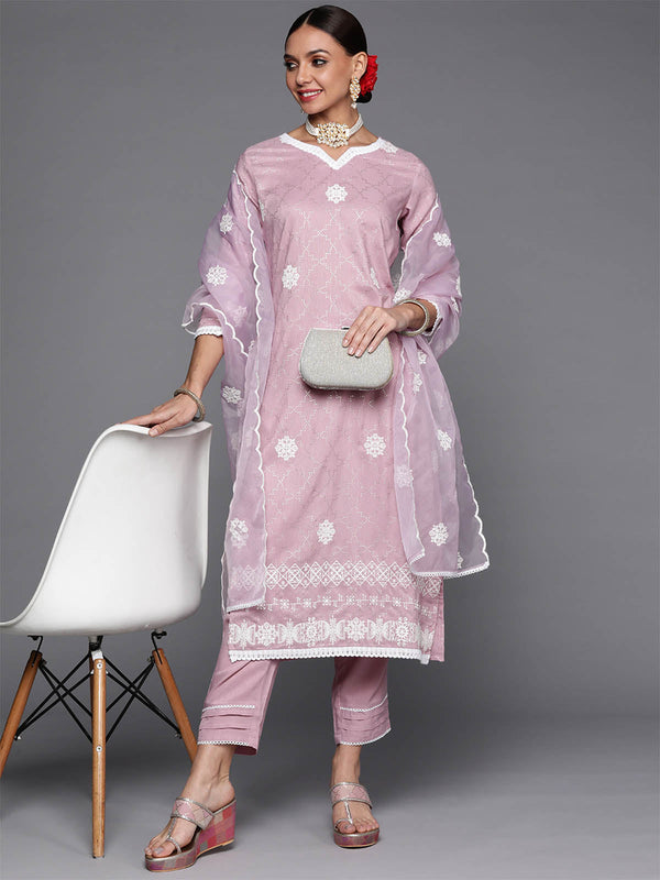 Women's Lavender Foil Printed Straight Kurta Trouser With Dupatta Set - Odette