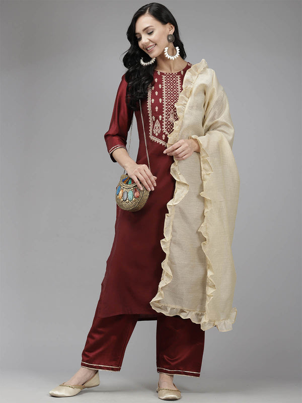 Women's Maroon Embroidred Straight Kurta Set - Odette