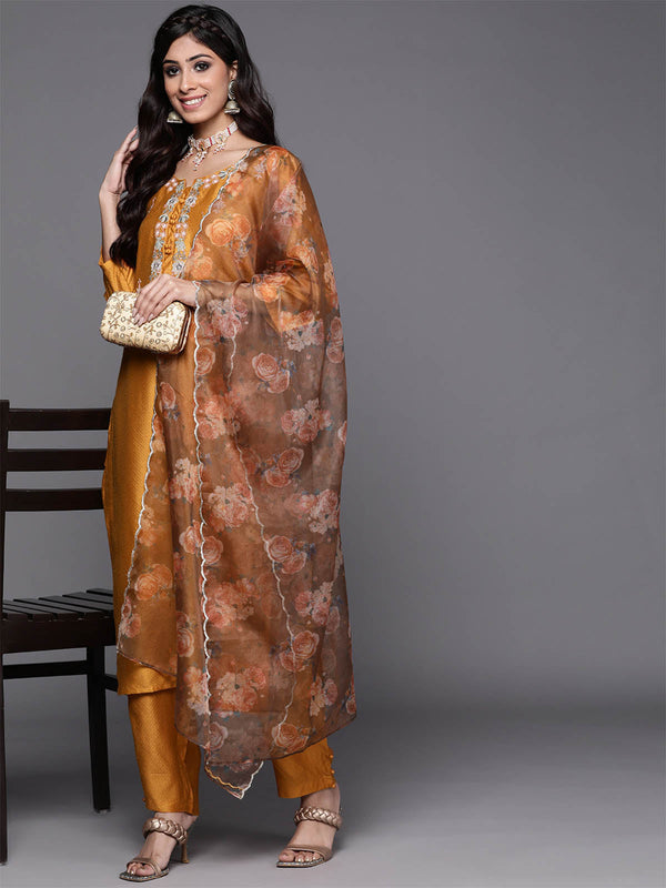 Women's Mustard Embroidered Straight Kurta Trousers With Dupatta Set - Odette