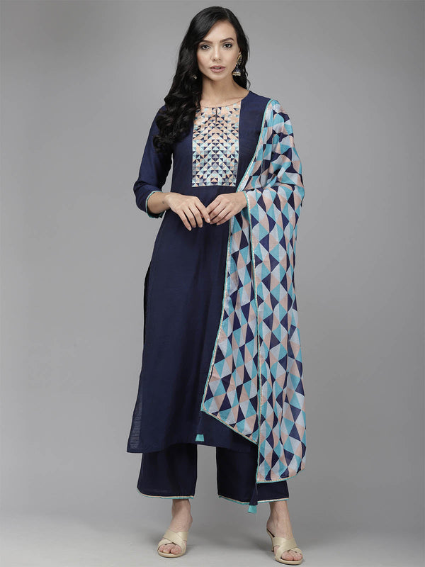 Women's Navy Blue Solid Straight Kurta Palazzo Set - Odette