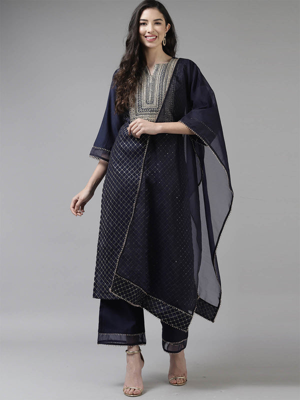 Women's Navy Blue Embroidered Straight Kurta Set - Odette