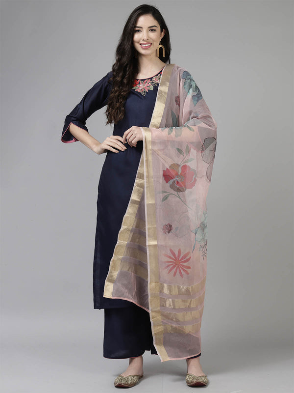 Women's Navy Blue Embroidered Straight Kurta Set - Odette