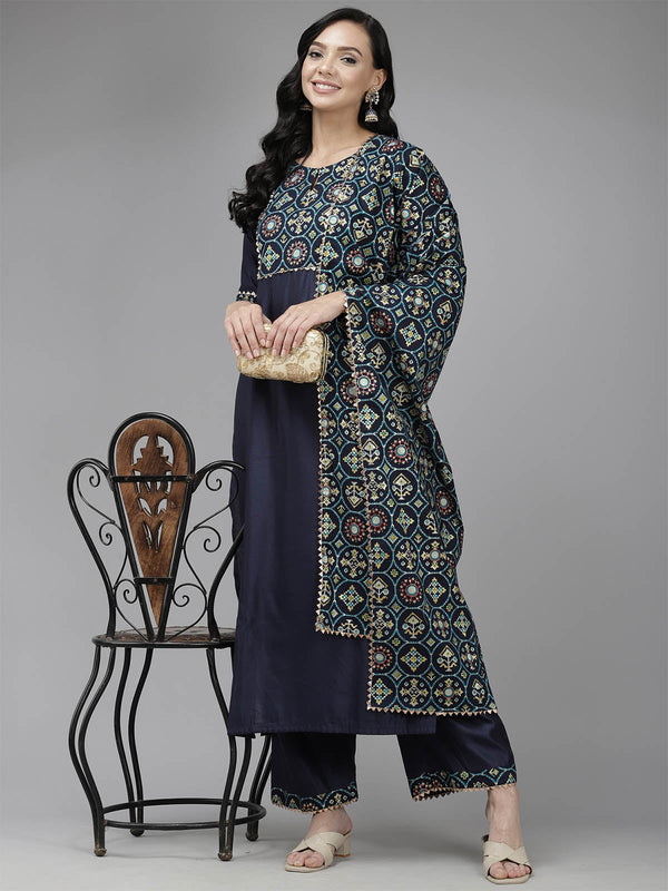 Women's Navy Blue Solid Straight Kurta Set - Odette