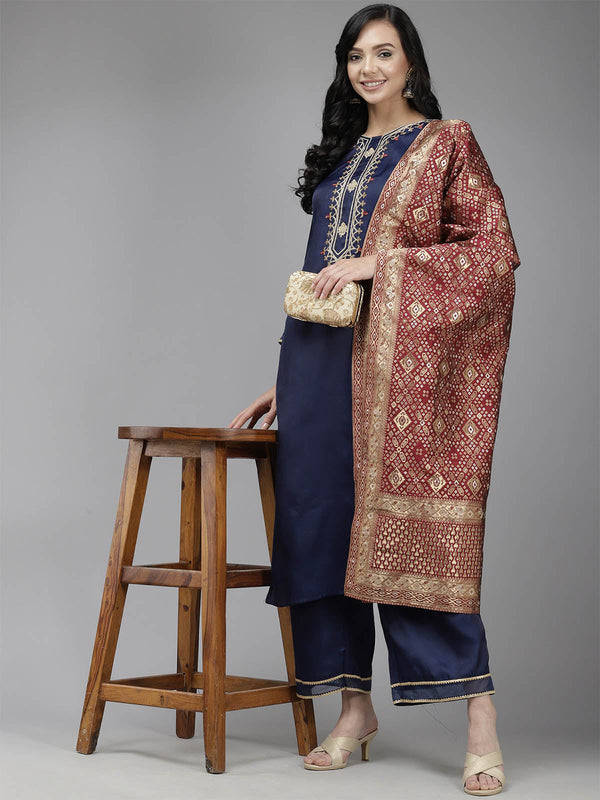 Women's Navy Blue Embroidered Straight Kurta Set - Odette