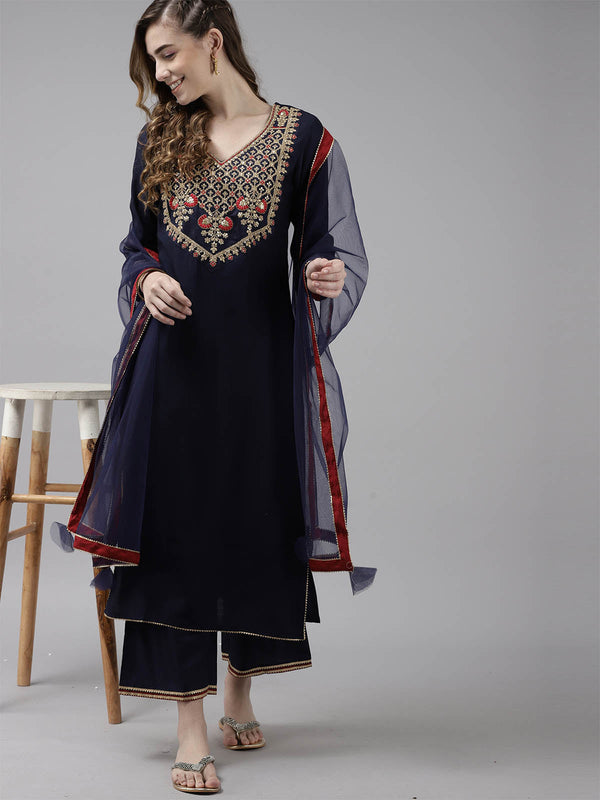 Women's Navy Blue Embroidered Straight Kurta Set - Odette