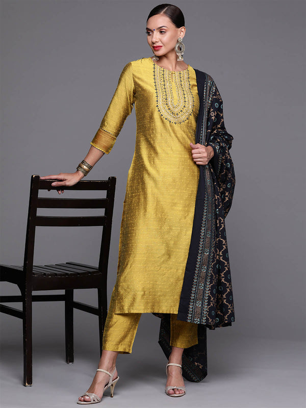 Women's Olive Solid Straight Kurta Palazzo With Dupatta Set - Odette