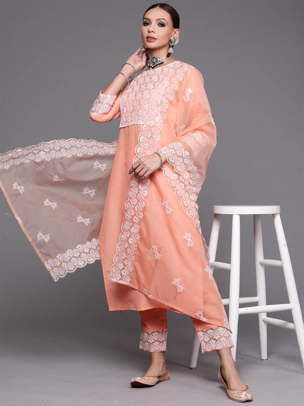 Women's Peach Embroidered Straight Kurta Trouser With Dupatta Set - Odette