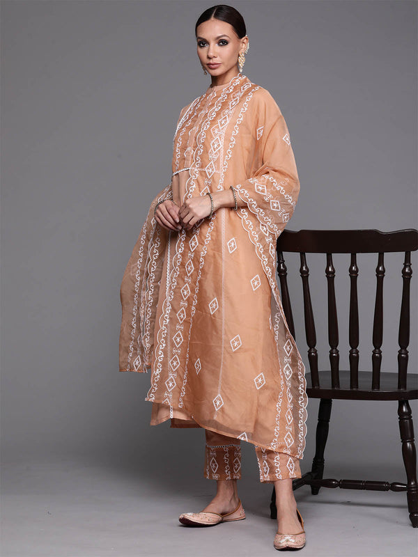 Women's Peach Embroidered Straight Kurta Trouser With Dupatta Set - Odette