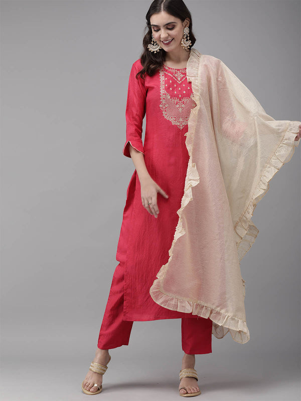 Women's Pink Embroidered Straight Kurta Set - Odette