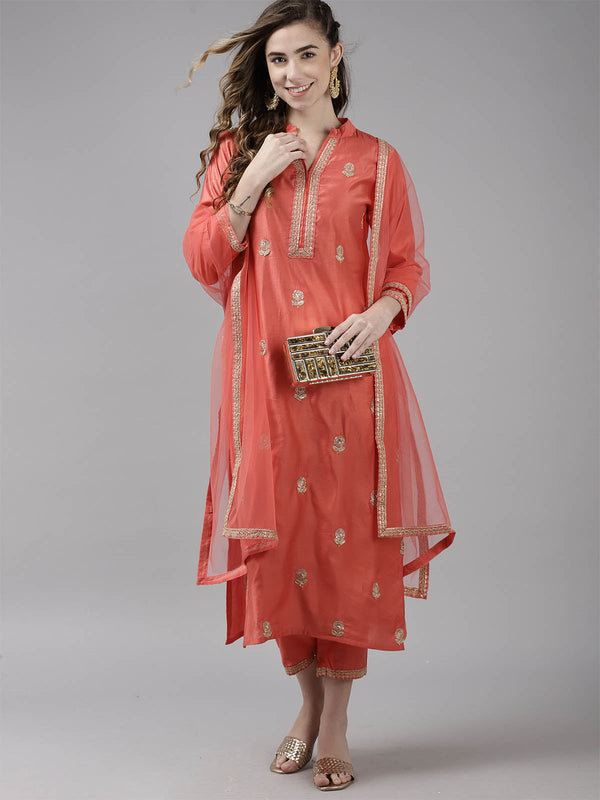 Women's Pink Embroidered Straight Kurta Set - Odette