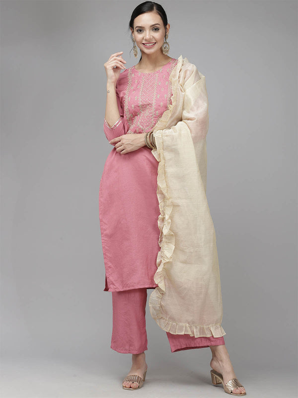 Women's Pink Embroidred Straight Kurta Set - Odette