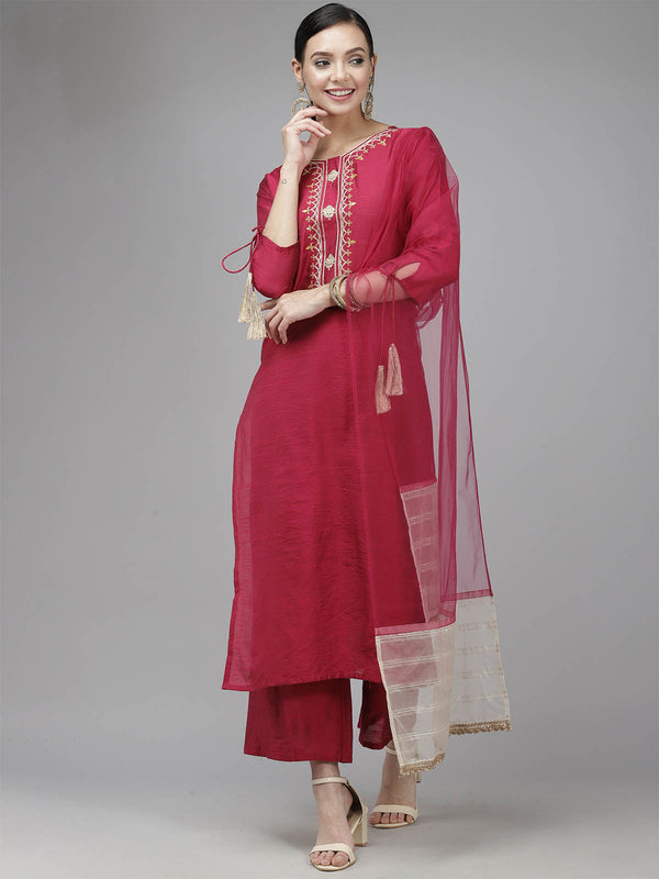 Women's Pink Embroidered Straight Kurta Set - Odette