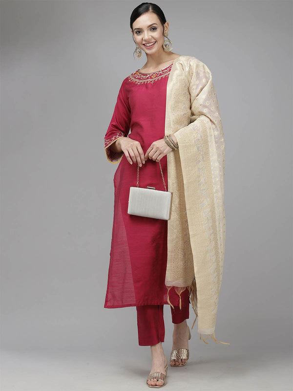 Women's Red Embroidered Straight Kurta Palazzo With Dupatta Set - Odette