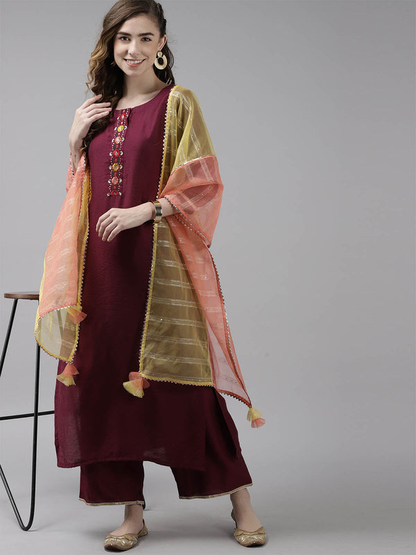 Women's Purple Embroidered Straight Kurta Set - Odette