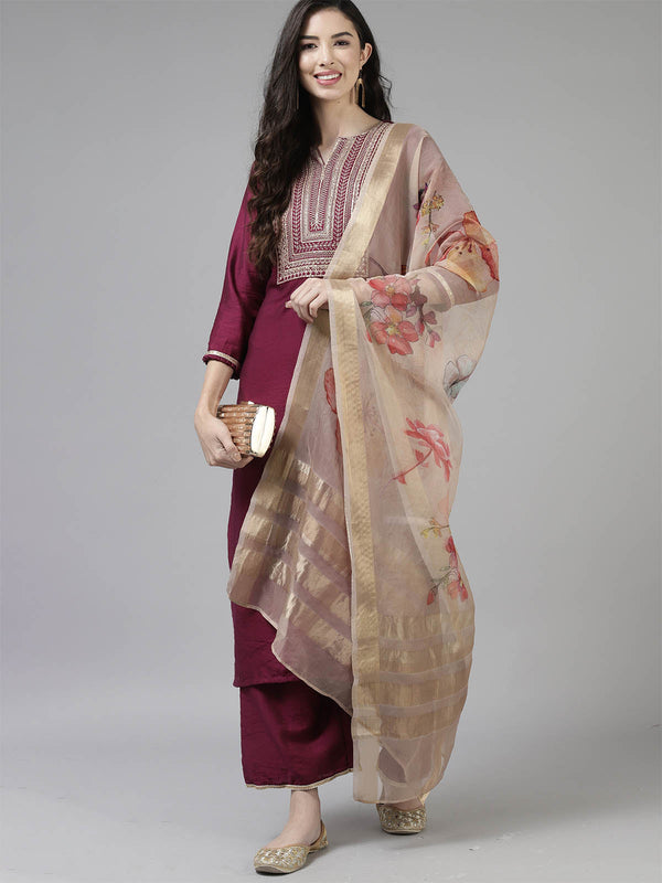 Women's Purple Embroidered Straight Kurta Set - Odette