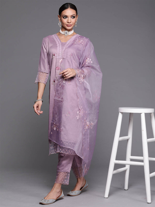 Women's Violet Floral Embroidered Straight Kurta Trouser With Dupatta Set - Odette