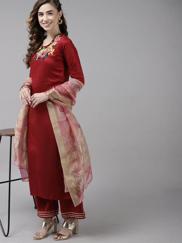 Women's Red Embroidered Straight Kurta Set - Odette