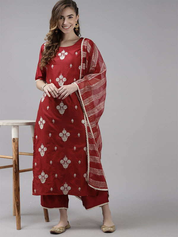 Women's Red Embroidered Straight Kurta Set - Odette