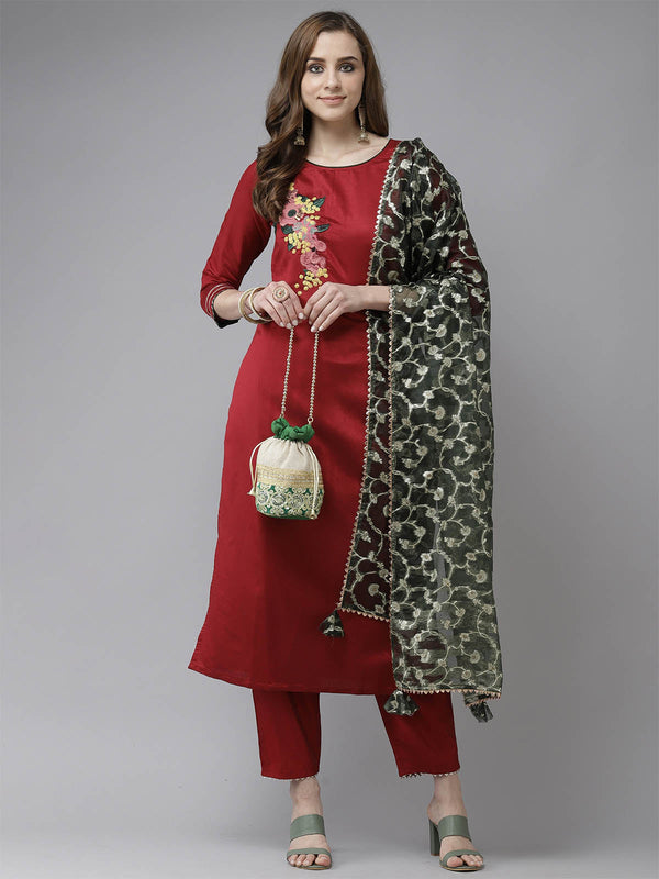 Women's Red Embroidered Kurta Sets - Odette