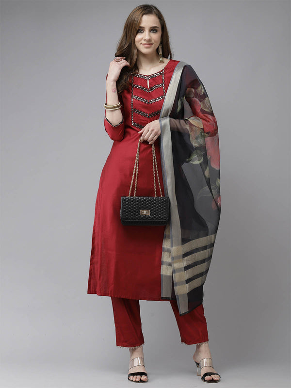 Women's Red Solid Straight Kurta Set - Odette