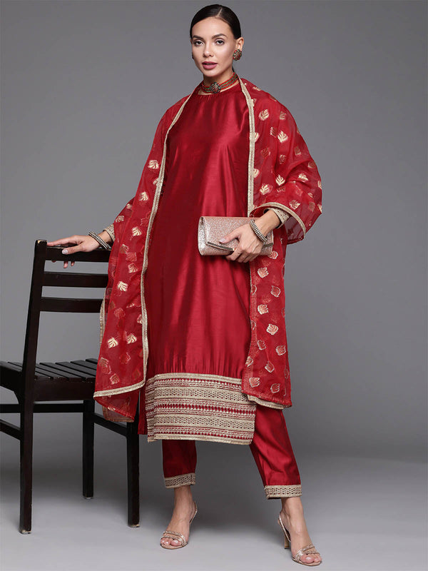 Women's Red Embroidered Straight Kurta Palazzo With Dupatta Set - Odette