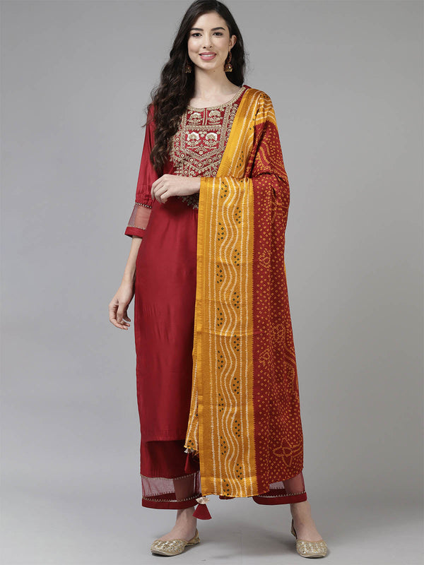 Women's Red Embroidered Straight Kurta Set - Odette