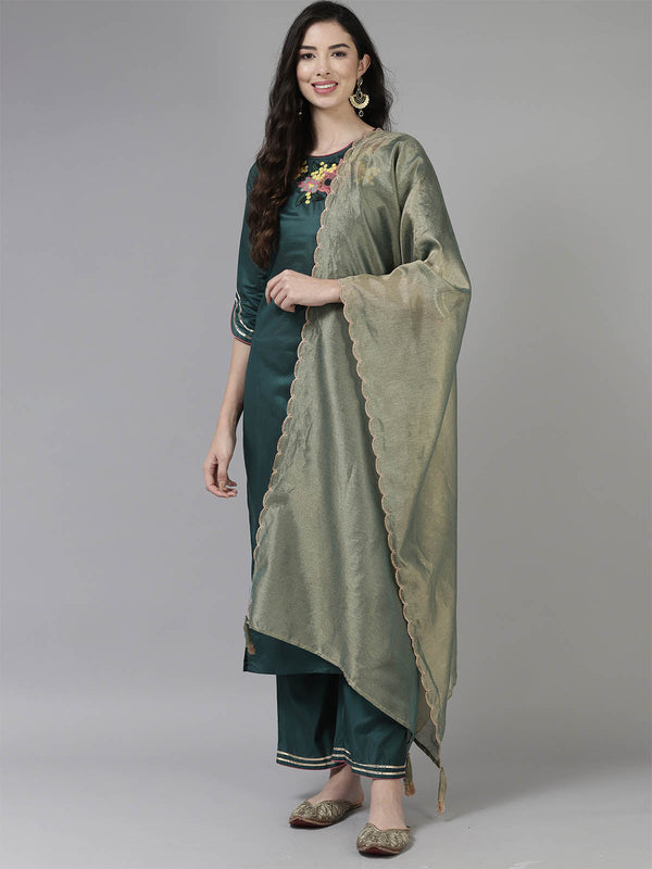 Women's Teal Embroidered Straight Kurta Set - Odette