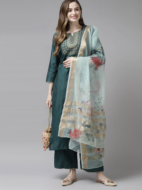 Women's Teal Embroidered Straight Kurta Set - Odette