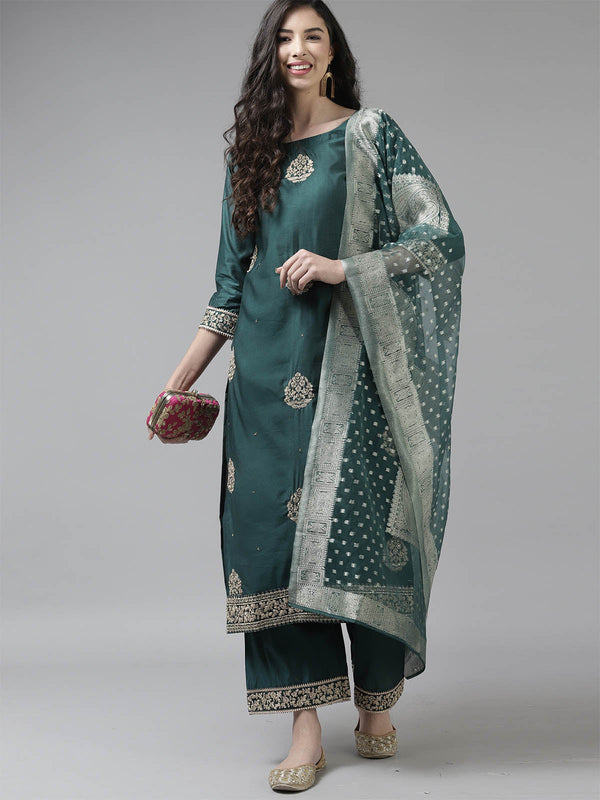 Women's Teal Floral Embroidered Straight Kurta Set - Odette