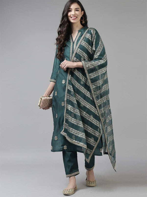 Women's Teal Embroidered Straight Kurta Set - Odette