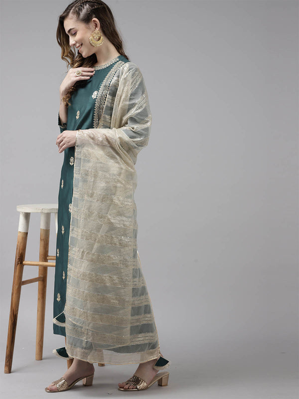 Women's Teal Embroidered Straight Kurta Set - Odette