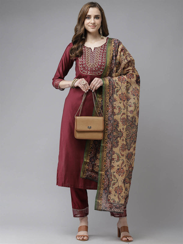 Women's Wine Embroidered Straight Kurta Set - Odette