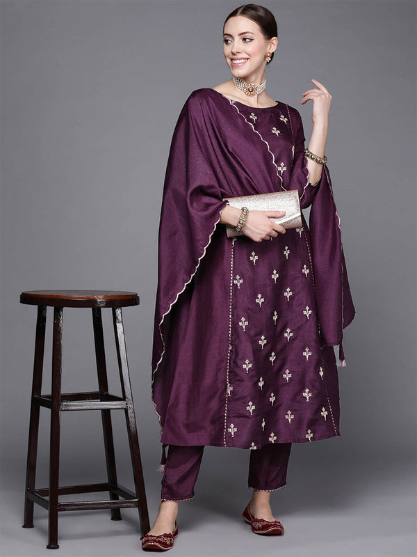 Women's Violet Embroidered Straight Kurta Trouser With Dupatta Set - Odette