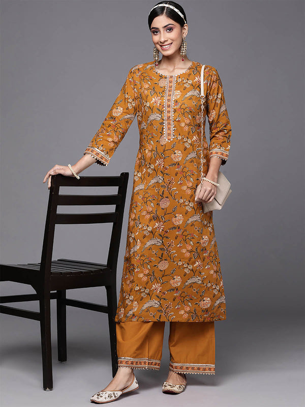 Women's Mustard Printed Straight Kurta Palazzos Set - Odette