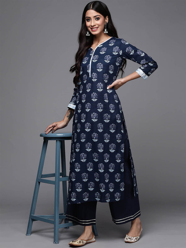 Women's Navy Blue Solid Kurta Palazzo With Hand Made Dupatta Set - Odette