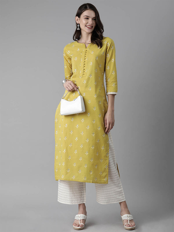 Women's Olive Printed Straight Kurta Palazzo Set - Odette