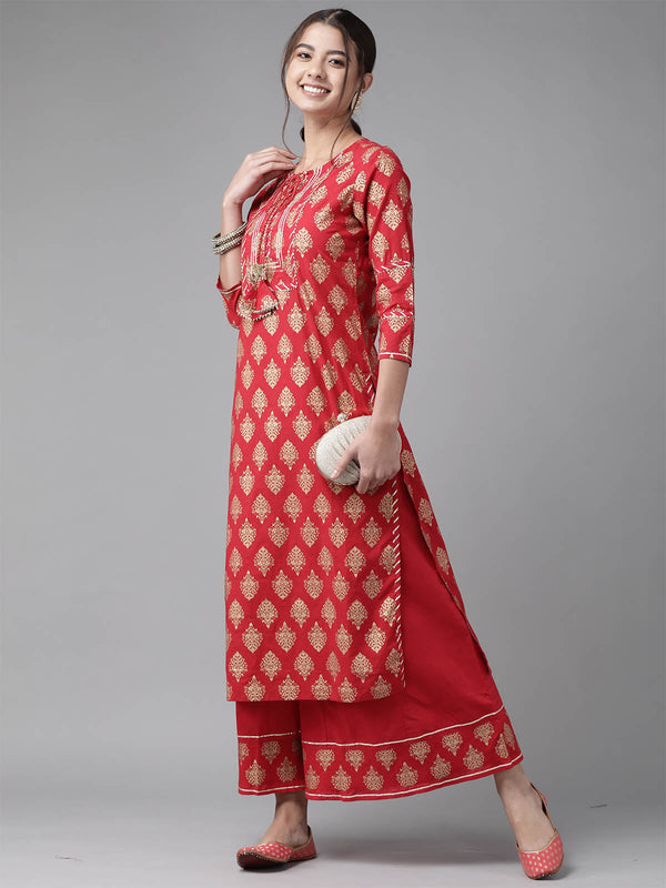 Women's Red Printed Yoke Kurta With Sharara Set - Odette