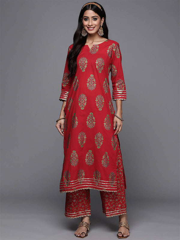 Women's Red Foil Printed Straignt Kurta Palazzo Set - Odette