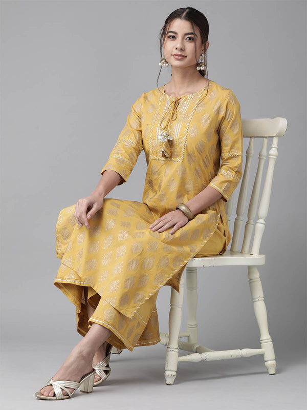 Women's Yellow Printed Yoke Kurta With Sharara Set - Odette