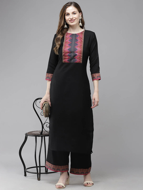 Women's Black Solid Straight Kurta Set - Odette