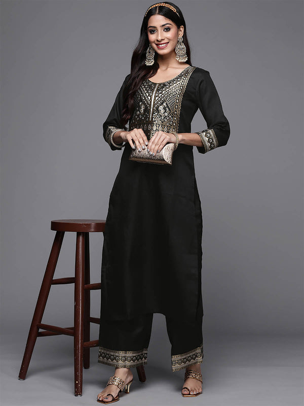 Women's Solid Black Straight Kurta Palazzo Set - Odette