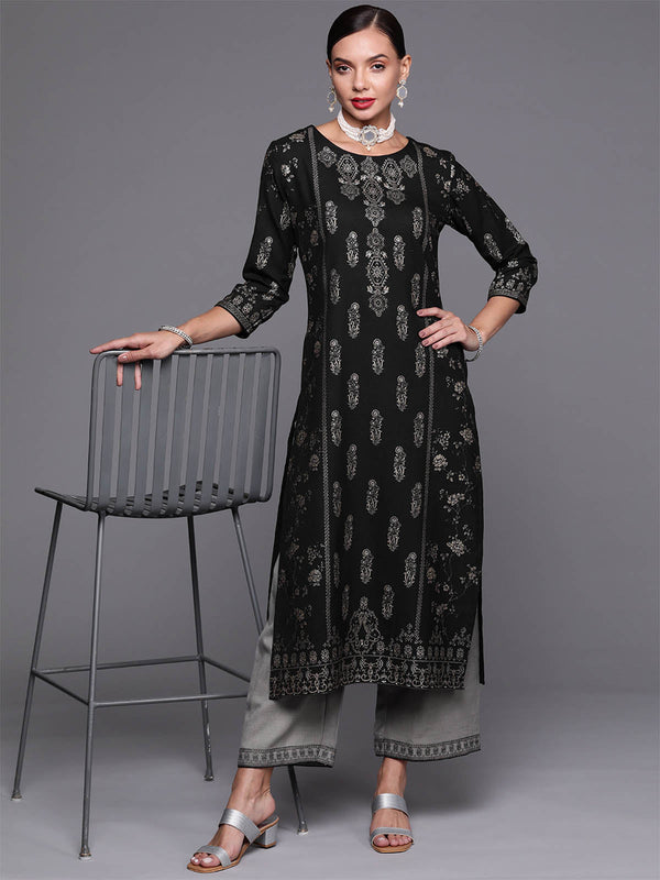 Women's Black Foil Printed Straight Kurta With Palazzo Set - Odette