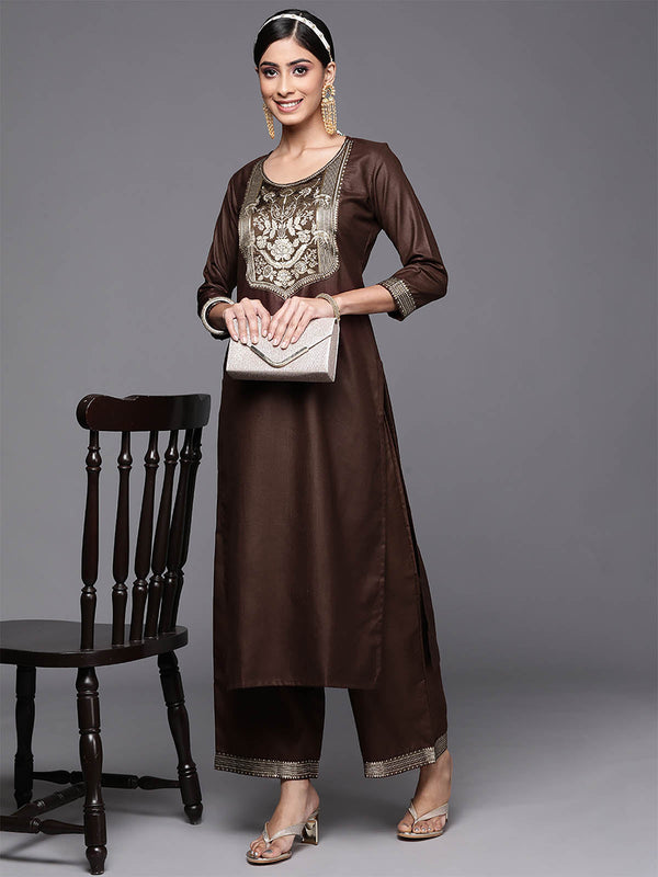 Women's Solid Brown Straight Kurta Palazzo Set - Odette