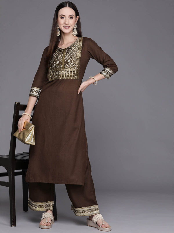 Women's Solid Brown Straight Kurta Palazzo Set - Odette